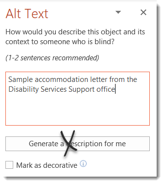 window with Alt Text entry field