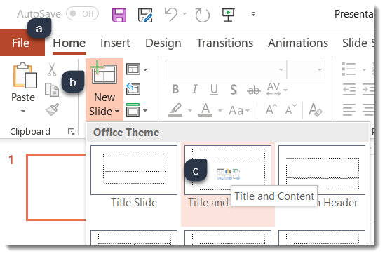 PowerPoint toolbar with the New Slide button highlighted