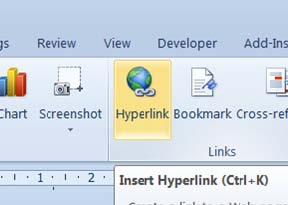 hyperlink button selected on Microsoft Word toolbar