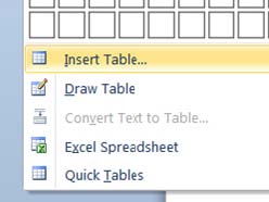 insert table selected in a Microsoft Word menu